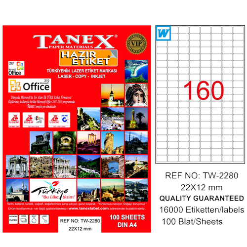 Tanex Laser Etiket 100 YP 22x12 Laser-Copy-Inkjet TW-2280