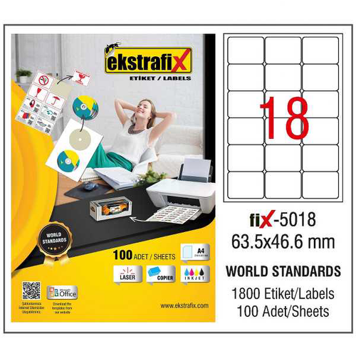 Ekstrafix Laser Etiket 100 YP 63.5x46.6 Laser-Copy-Inkjet F�X-5018