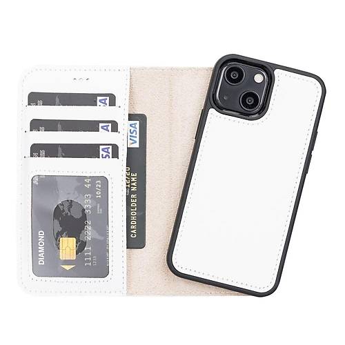 Apple iPhone 13 Mini Uyumlu Deri Czdanl Klf F3 Beyaz