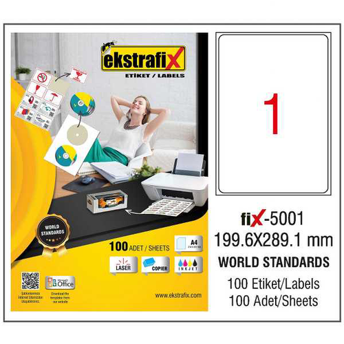 Ekstrafix Laser Etiket 100 YP 199.6x289.1 Laser-Copy-Inkjet F�X-5001
