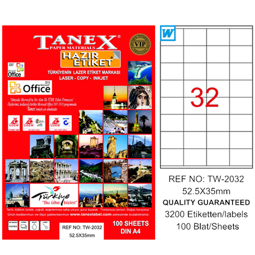 Tanex Laser Etiket 100 YP 52.5x35 Laser-Copy-Inkjet TW-2032
