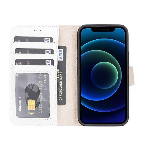 Apple iPhone 13 Mini Uyumlu Deri Czdanl Klf F3 Beyaz