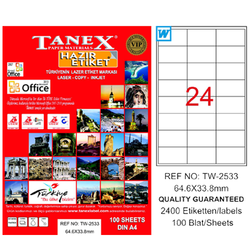 Tanex Laser Etiket 100 YP 64x33 Laser-Copy-Inkjet TW-2533