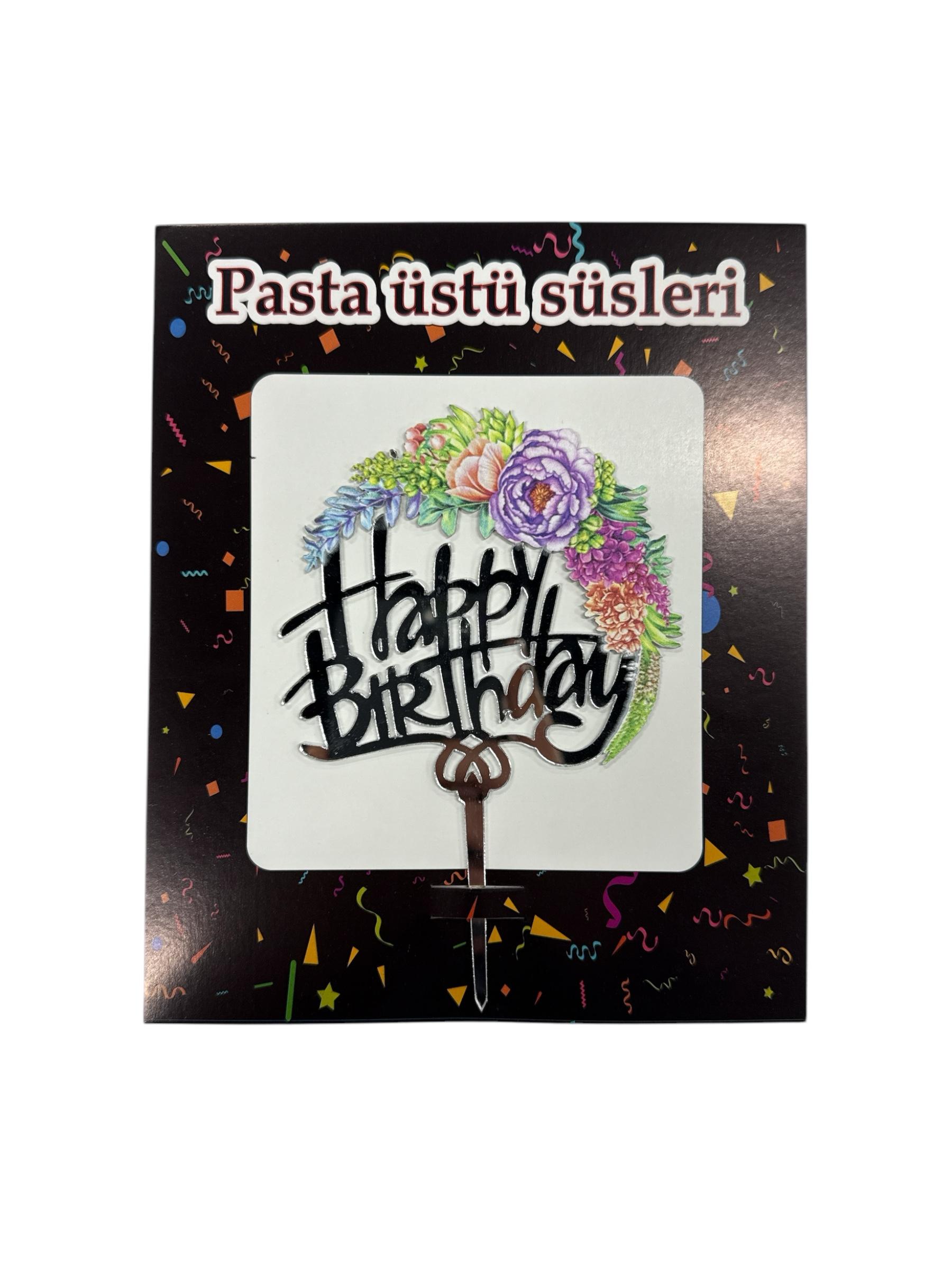 Happy Birthday Çiçekli Gümüş Pleksi