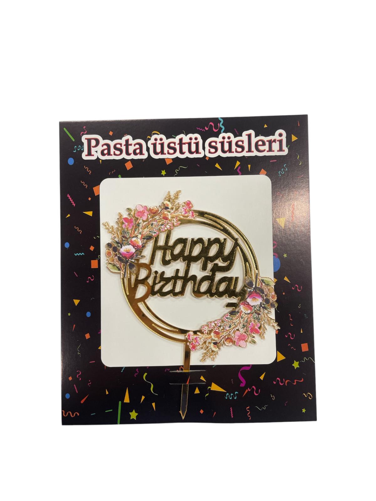 Happy Birthday Çiçekli Gold Pleksi