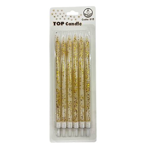 Gold Simli Beyaz Mum 6 Adet 15cm