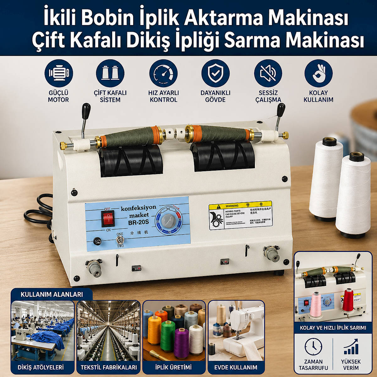 �kili Bobin �plik Aktarma Makinas� �ift Kafal� Diki� �pli�i Sarma Makinas�