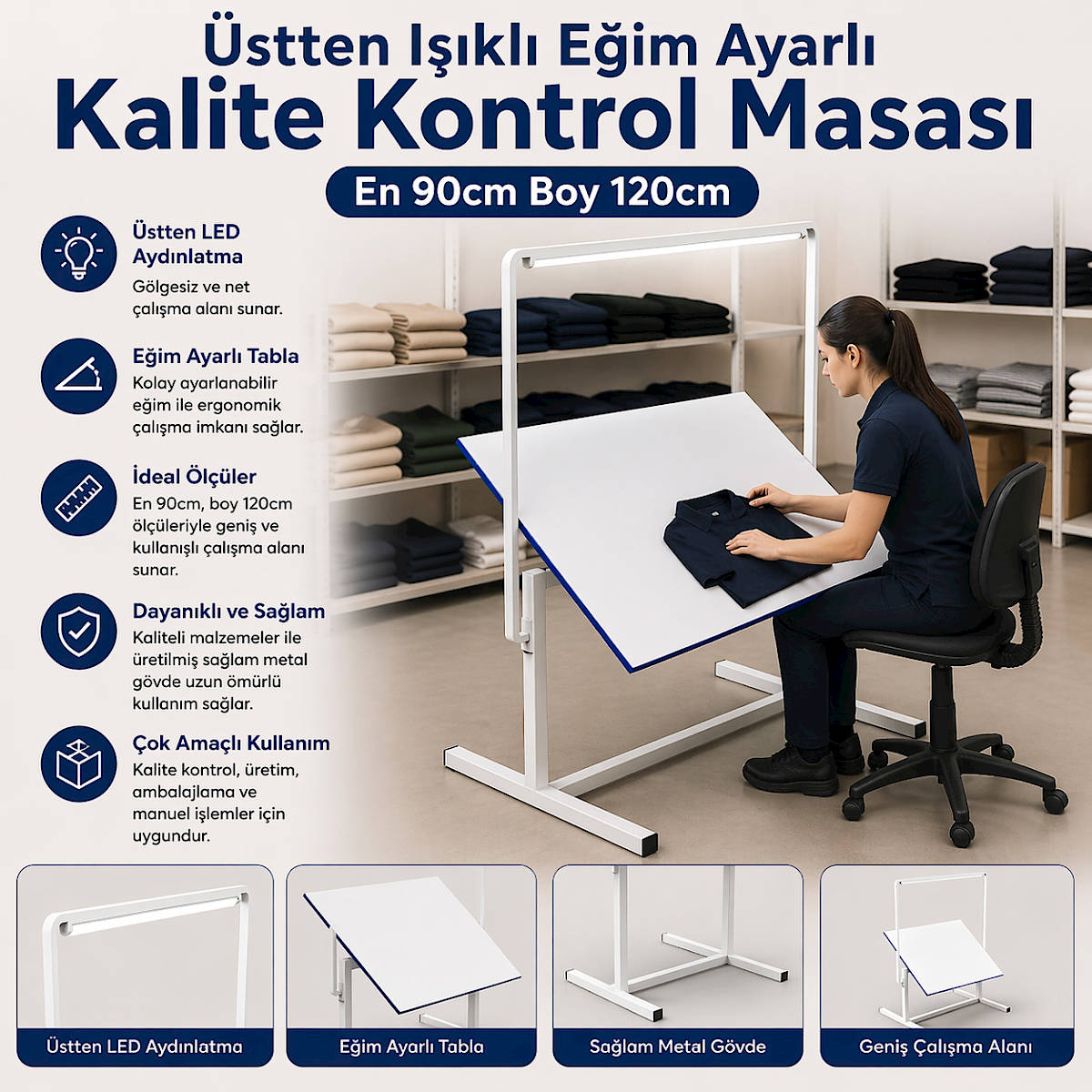 �stten I��kl� E�im Ayarl� Kalite Kontrol Masas� En 90cm Boy 120cm