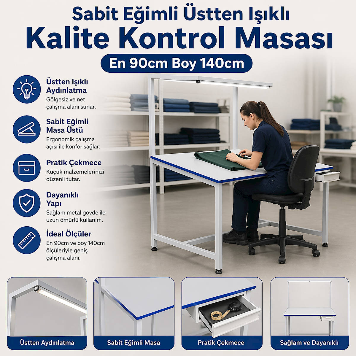 Sabit E�imli �stten I��kl� Kalite Kontrol Masas� En 90cm Boy 140cm
