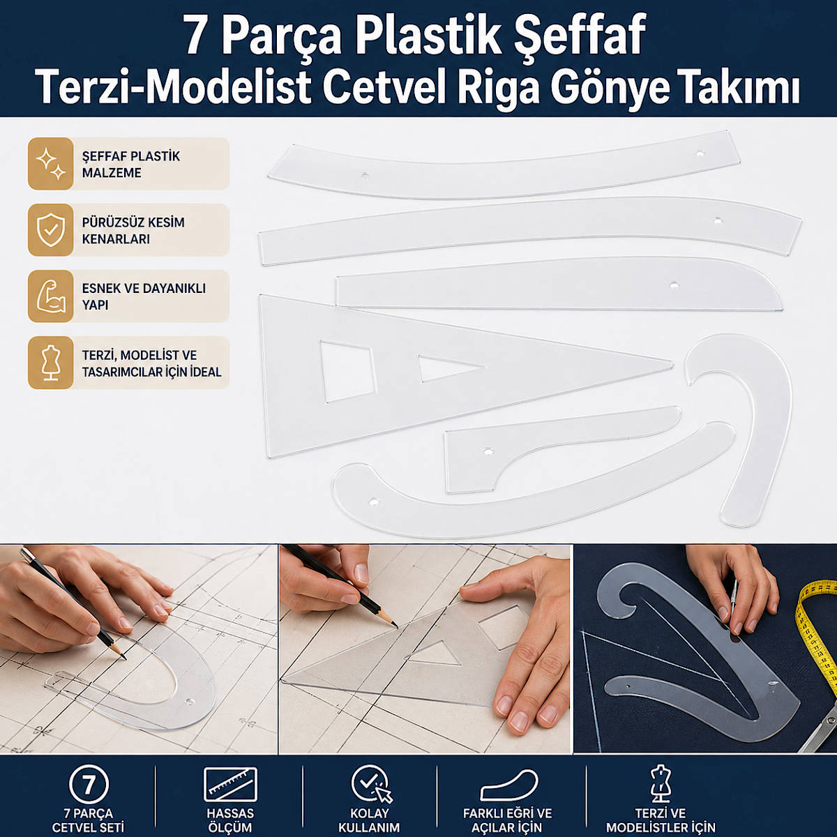 7 Par�a Plastik �effaf Terzi-Modelist Cetvel Riga G�nye Tak�m�