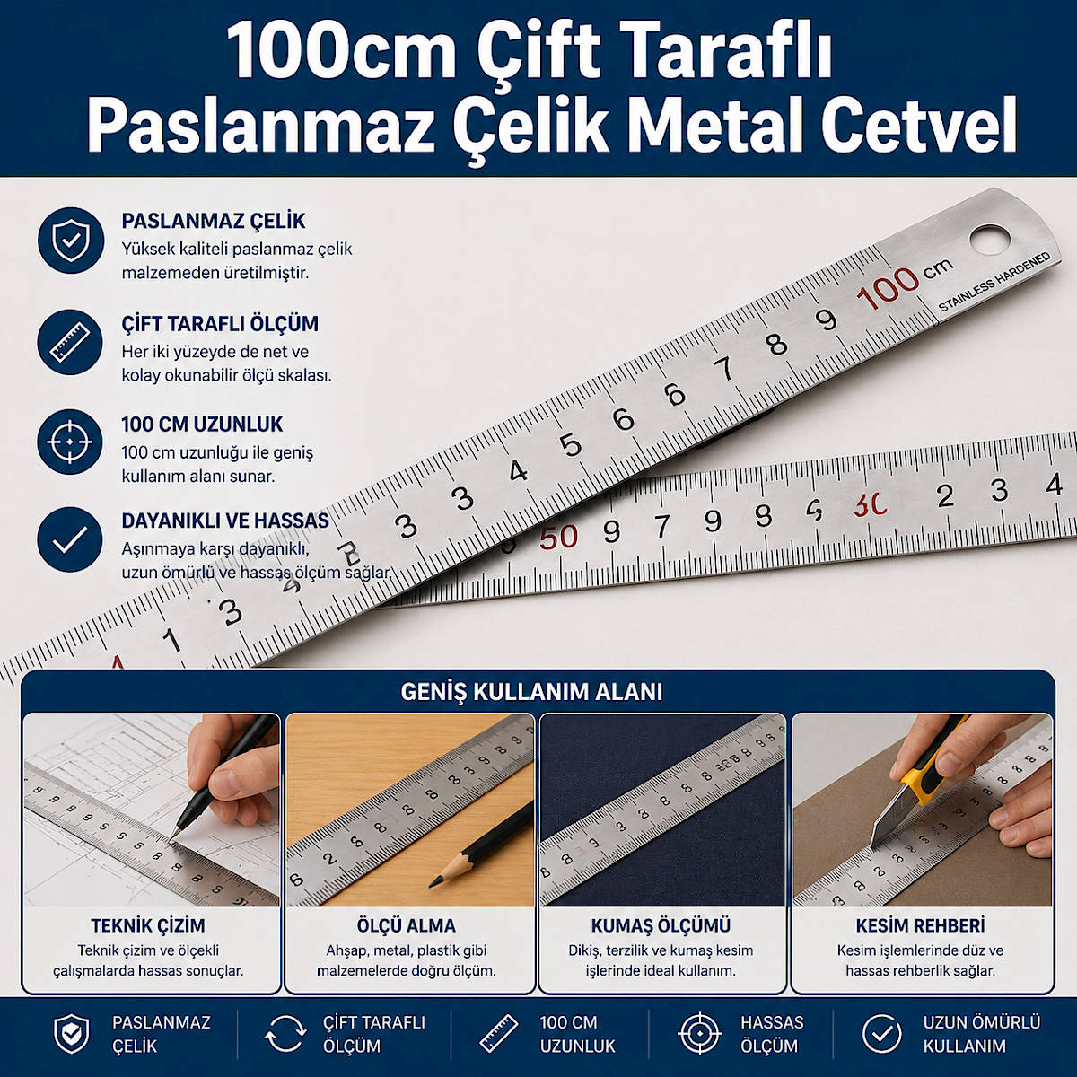 100cm �ift Tarafl� Paslanmaz �elik Metal Cetvel
