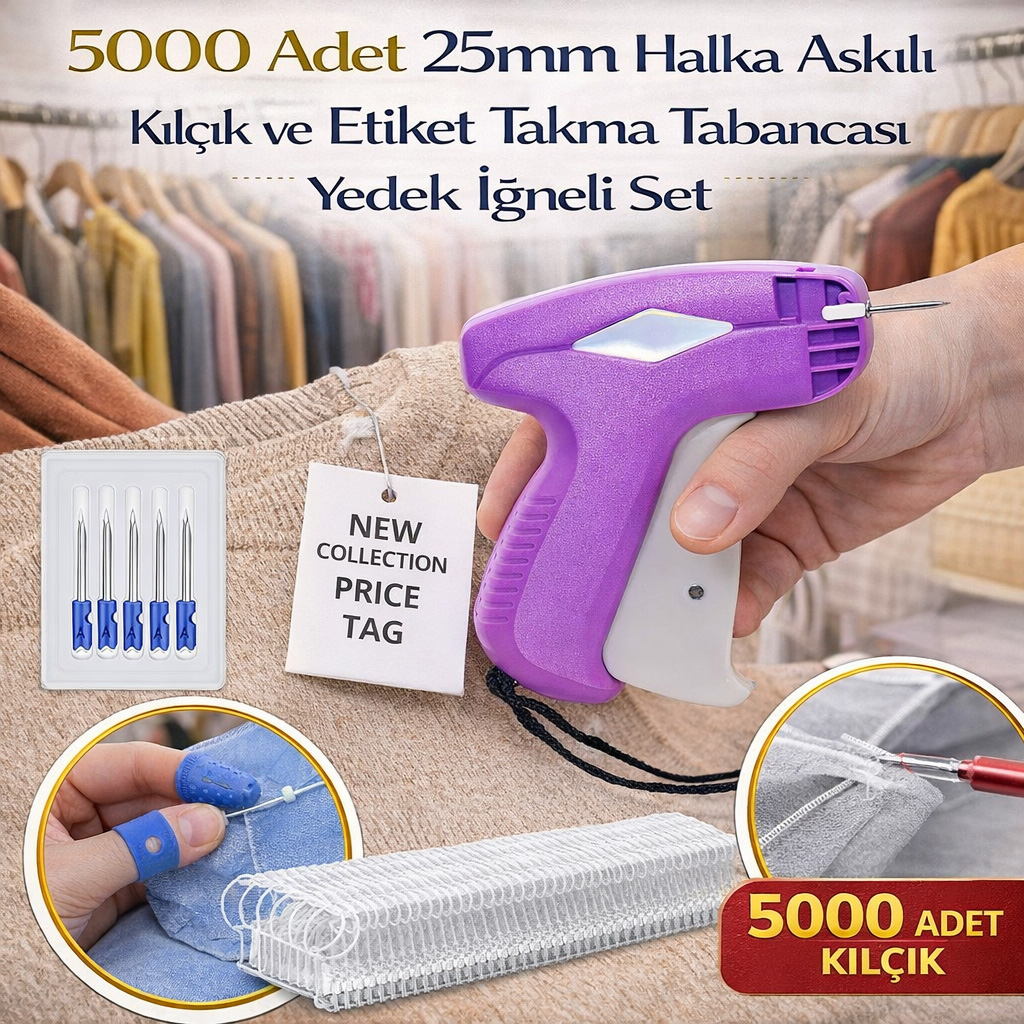 5000 Adet 25mm Halka Askılı Kılçık ve Etiket Takma Tabancası Yedek İğneli Set