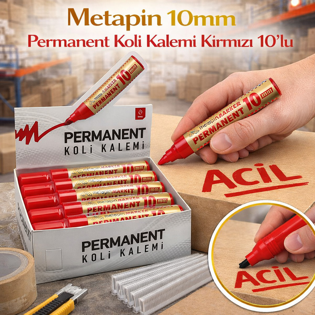 Metapin 10mm Permanent Koli Kalemi K�rm�z� 10\'lu