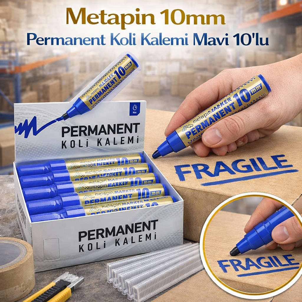 Metapin 10mm Permanent Koli Kalemi Mavi 10\'lu