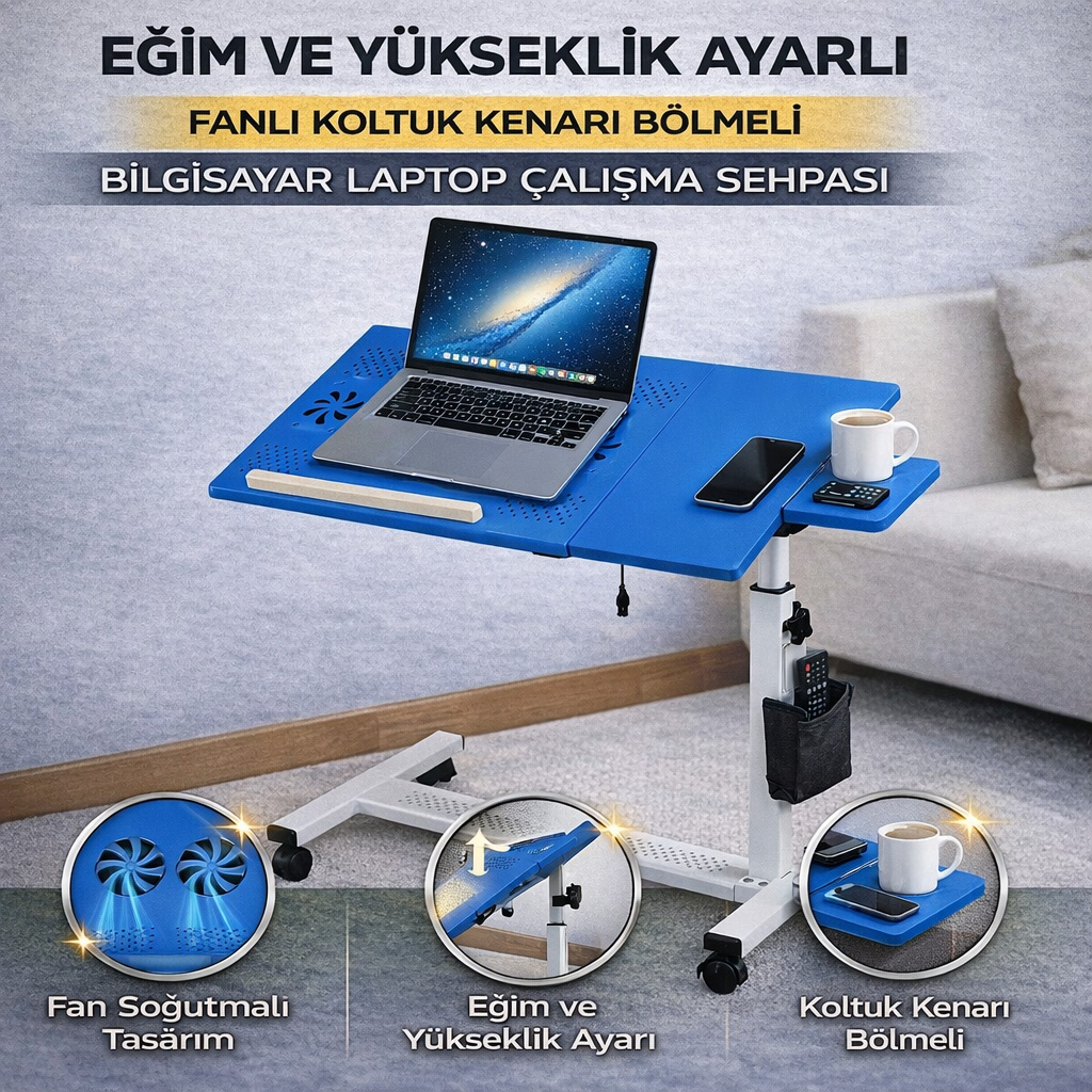 Eğim ve Yükseklik Ayarlı Fanlı Koltuk Kenarı Bölmeli Bilgisayar Laptop Çalışma Sehpası