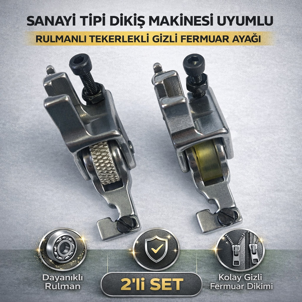 Sanayi Tipi Diki� Makinesi Uyumlu Rulmanl� Tekerlekli Gizli Fermuar Aya�� 2 Li Set