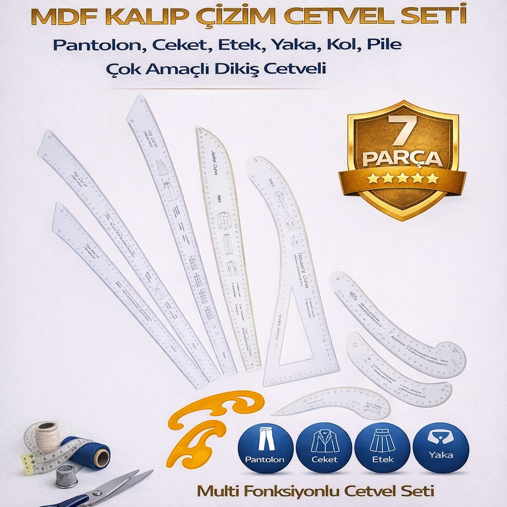 7 Par�a MDF Kal�p �izim Cetvel Seti � Pantolon,Ceket,Etek,Yaka,Kol,Pile �ok Ama�l� Diki� Cetveli