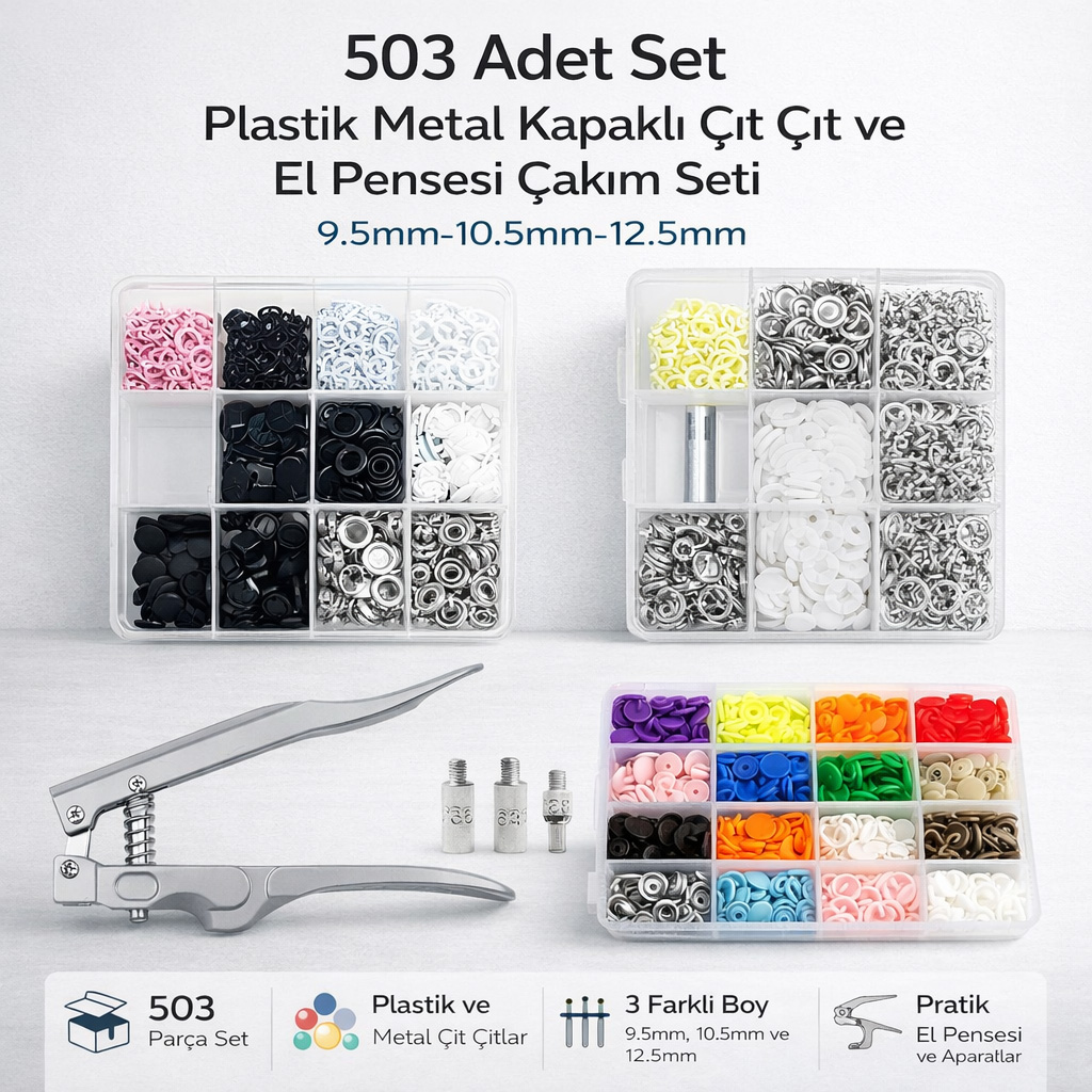 503 Adet Set Plastik Metal Kapaklı Çıt Çıt ve El Pensesi Çakım Seti