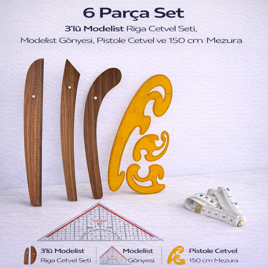 6 Par�a Set � 3�l� Modelist Riga Cetvel Seti, Modelist G�nyesi, Pistole Cetvel ve 150 cm Mezura