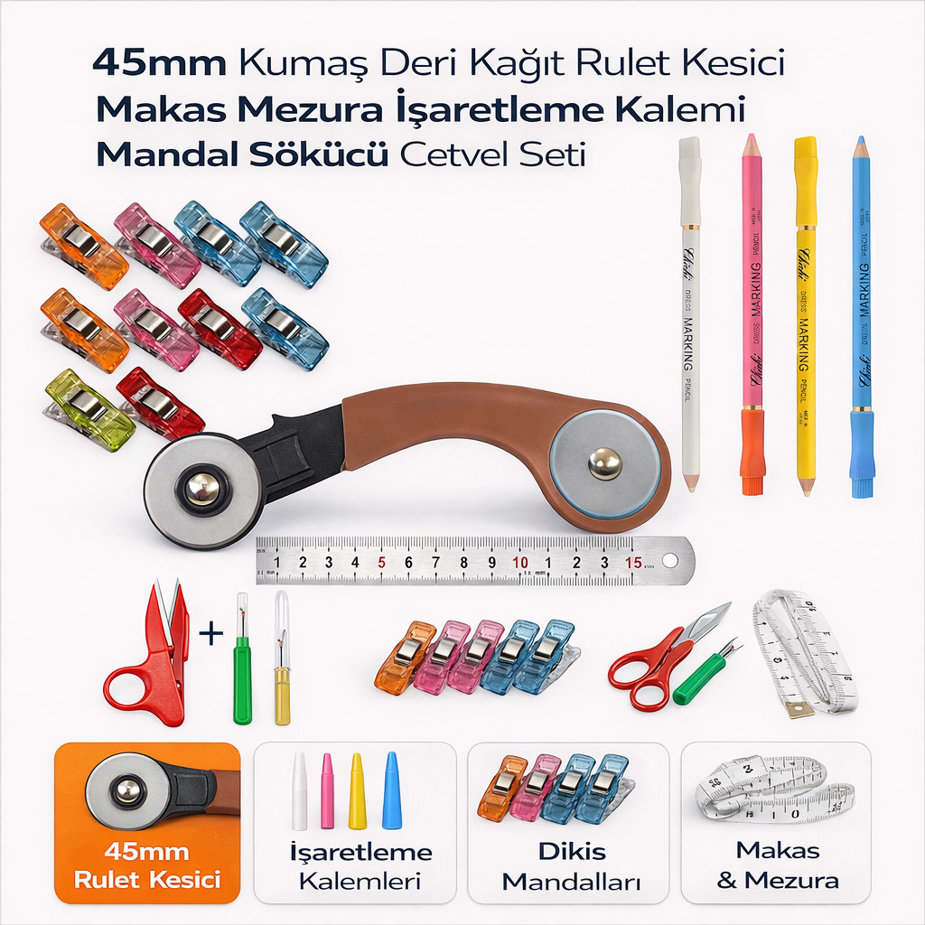 45mm Kuma� Deri Ka��t Rulet Kesici Makas Mezura ��aretleme Kalemi Mandal S�k�c� Cetvel Seti