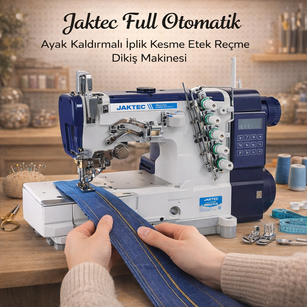 Jaktec Full Otomatik Ayak Kald�rmal� �plik Kesme Etek Re�me Diki� Makinesi