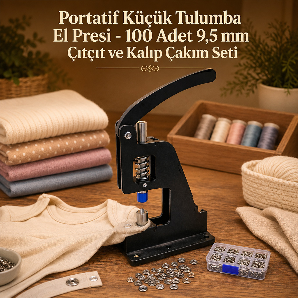 Portatif Küçük Tulumba El Presi - 100 Adet 9,5 mm Çıtçıt ve Kalıp Çakım Seti