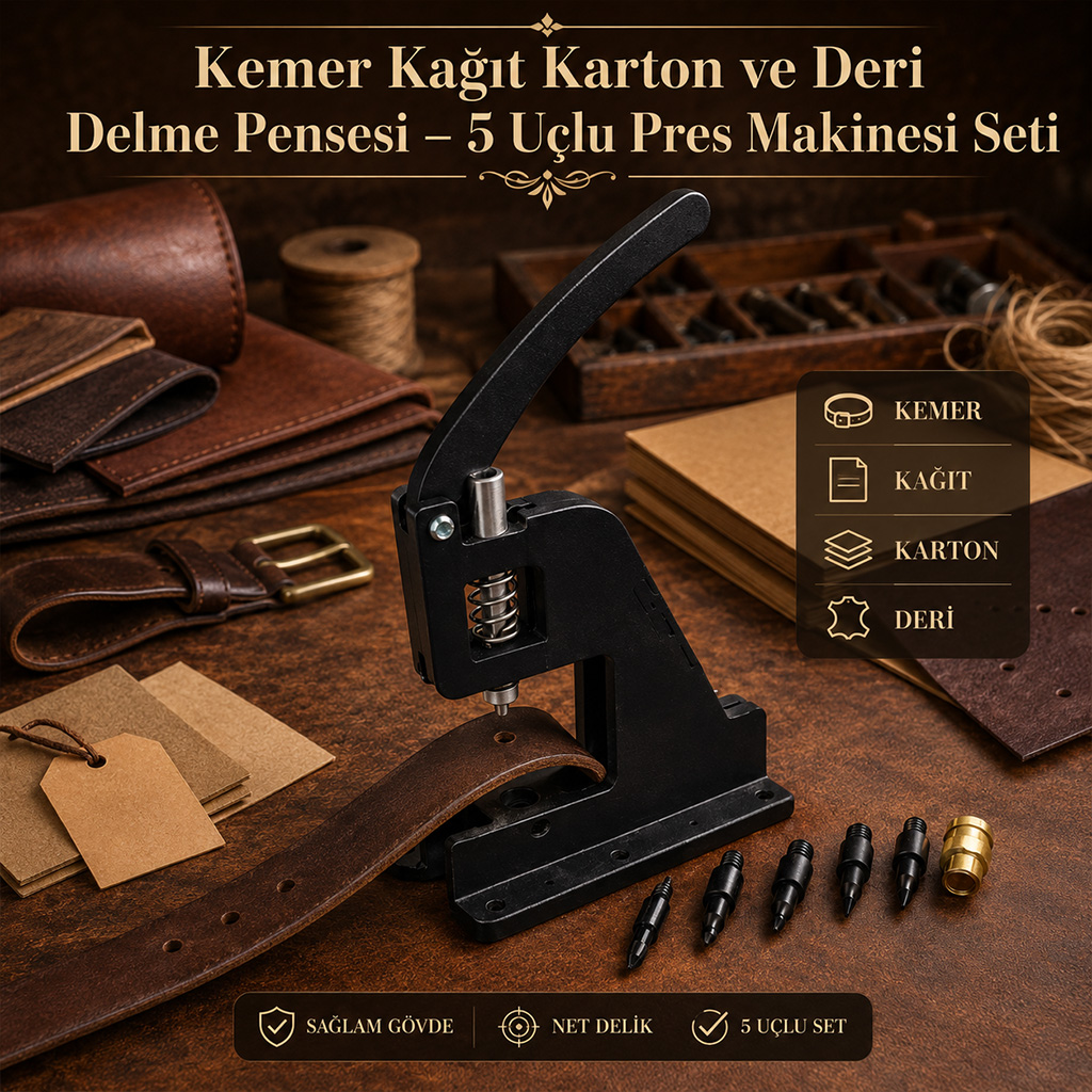 Kemer Ka��t Karton ve Deri Delme Pensesi � 5 U�lu Pres Makinesi Seti