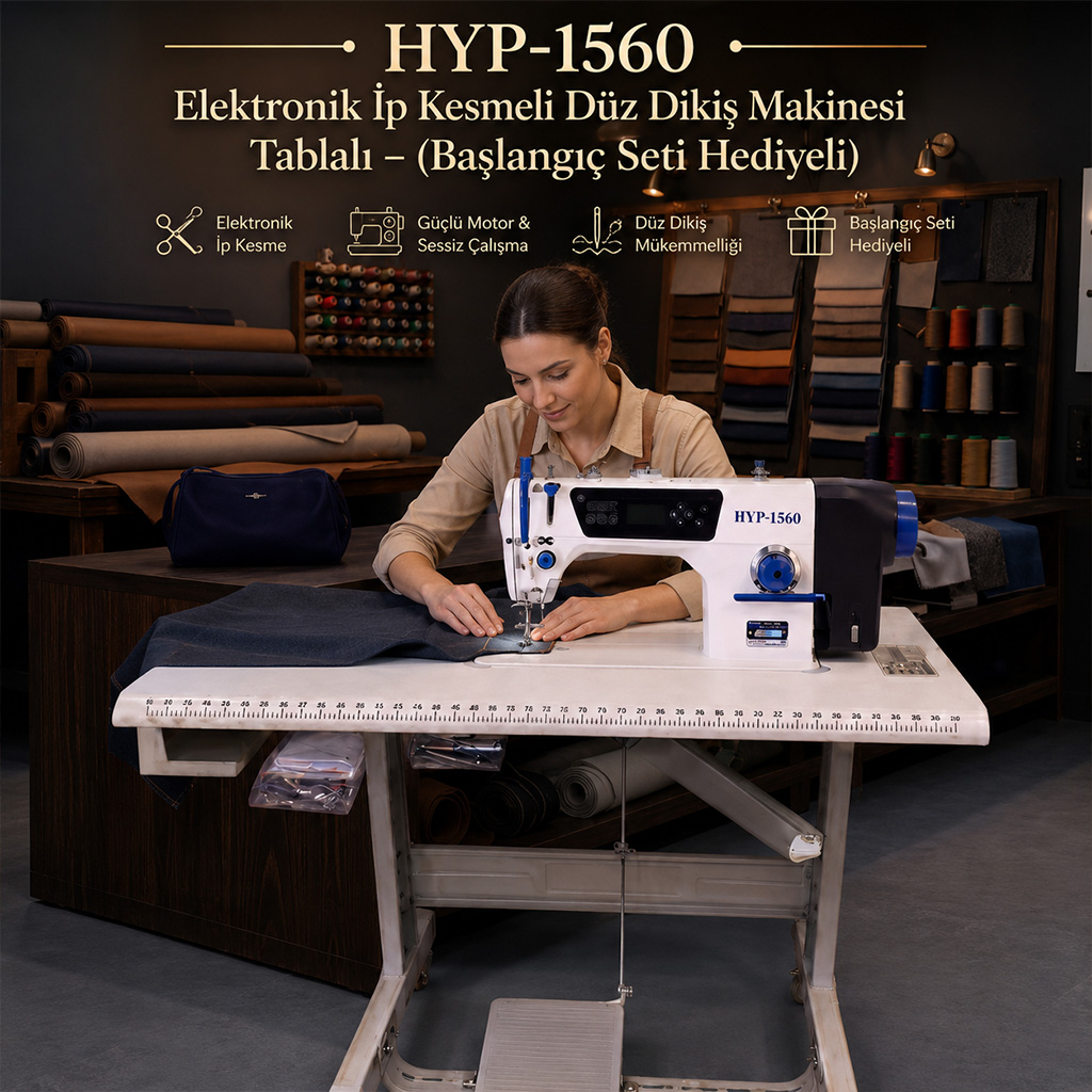 HYP-1560 Elektronik İp Kesmeli Düz Dikiş Makinesi Tablalı – (Başlangıç Seti Hediyeli)