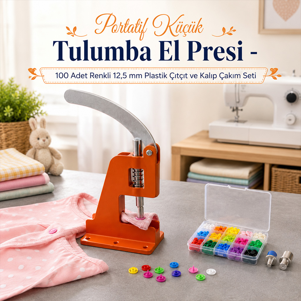 Portatif K���k Tulumba El Presi - 100 Adet Renkli 12,5 mm Plastik ��t��t ve Kal�p �ak�m Seti