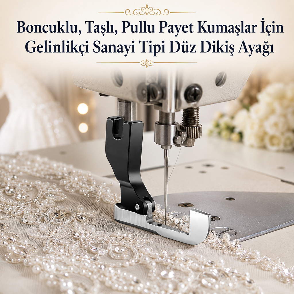 Boncuklu, Ta�l�, Pullu Payet Kuma�lar ��in Gelinlik�i Sanayi Tipi D�z Diki� Aya��