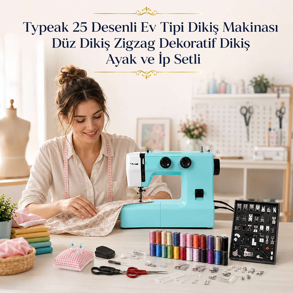 Typeak 25 Desenli Ev Tipi Diki� Makinas� D�z Diki� Zigzag Dekoratif Diki� Ayak ve �p Setli