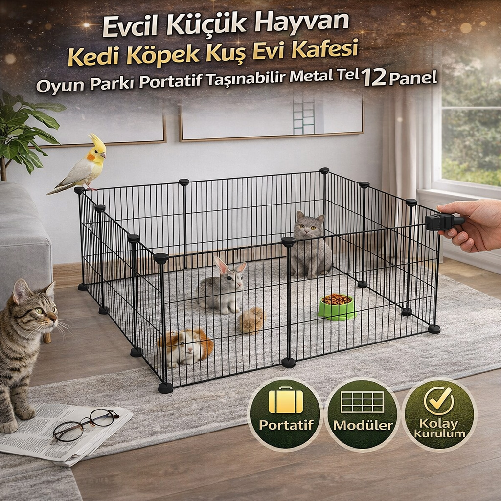 Evcil K���k Hayvan Kedi K�pek Ku� Evi Kafesi Oyun Park� Portatif Ta��nabilir Metal Tel 12 Panel