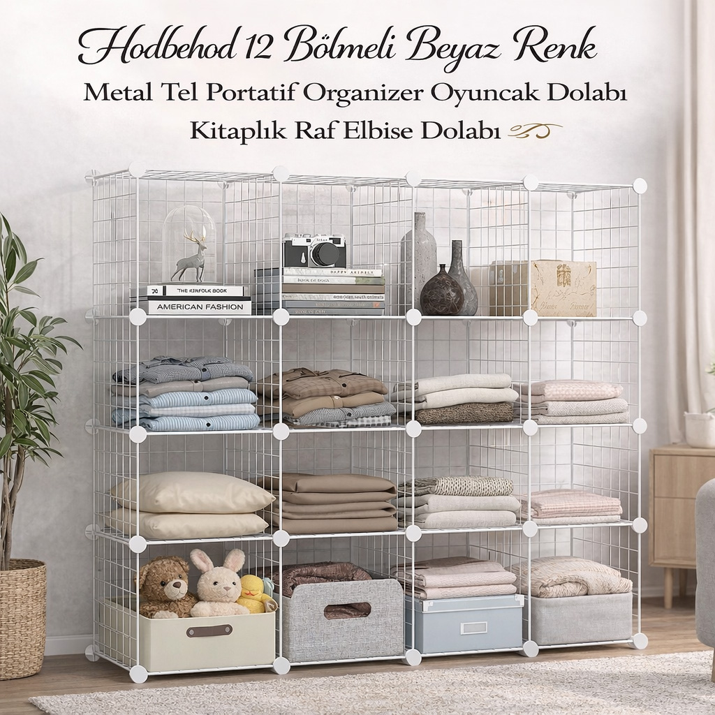 Hodbehod 12 B�lmeli Beyaz Renk Metal Tel Portatif Organizer Oyuncak Dolab� Kitapl�k Raf Elbise Dolab�