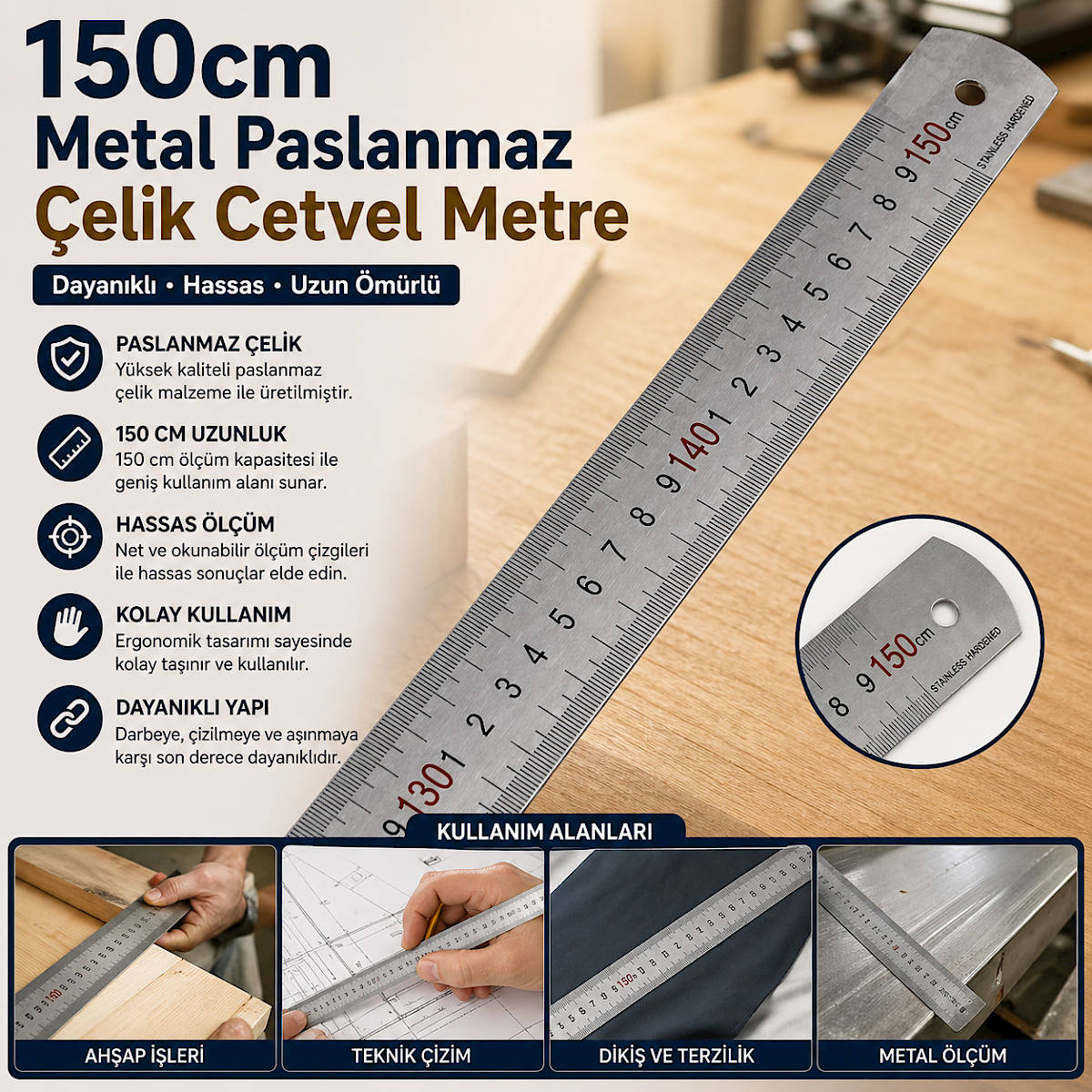 150cm Metal Paslanmaz �elik Cetvel Metre