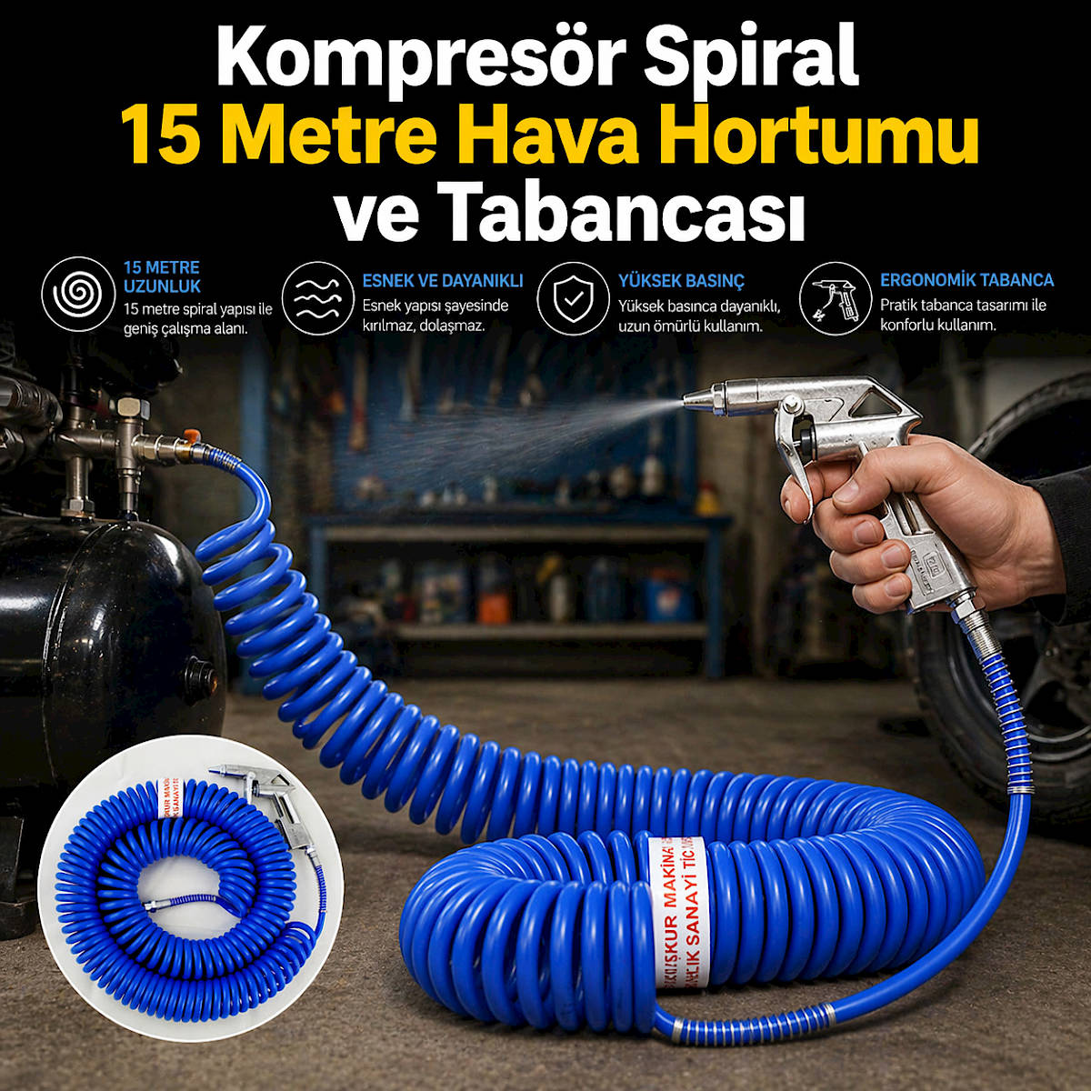 Kompres�r Spiral 15 Metre Hava Hortumu ve Tabancas�