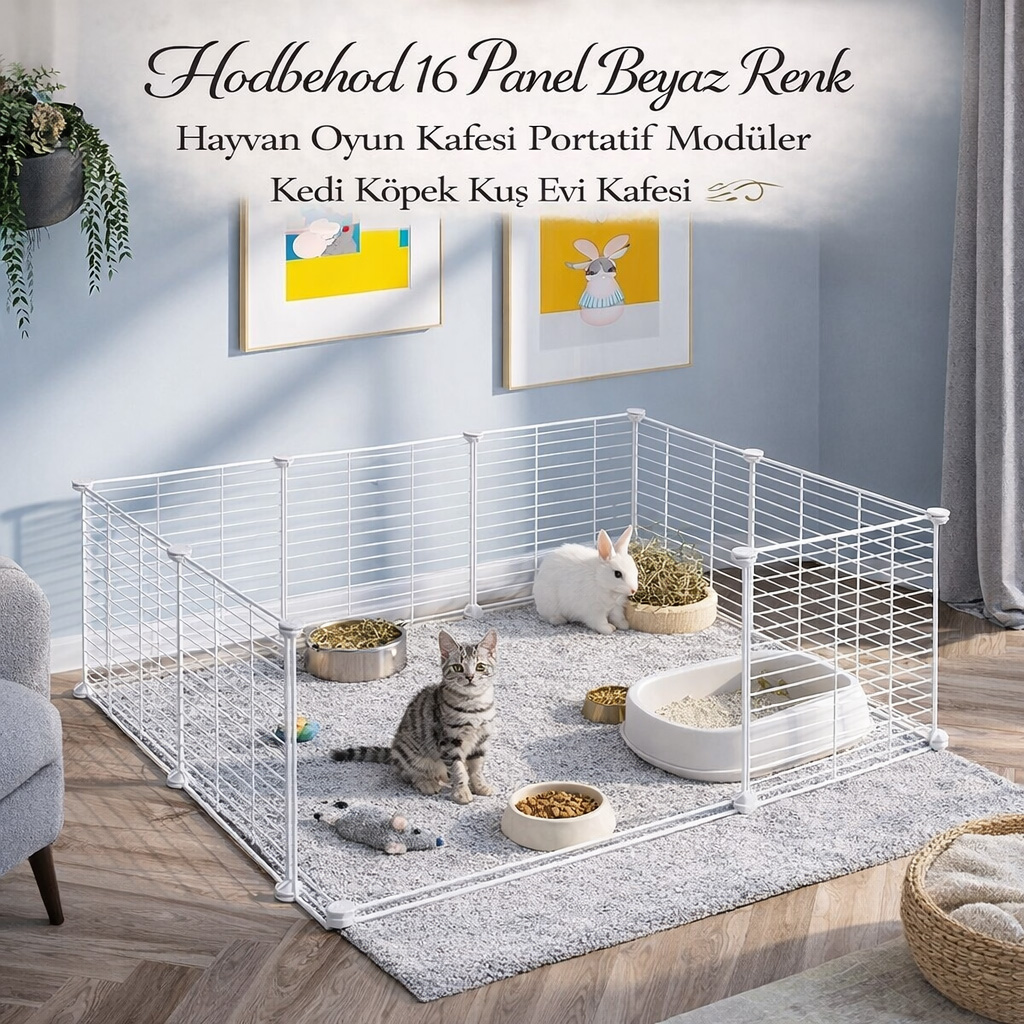 Hodbehod 16 Panel Beyaz Renk Hayvan Oyun Kafesi Portatif Mod�ler Kedi K�pek Ku� Evi Kafesi