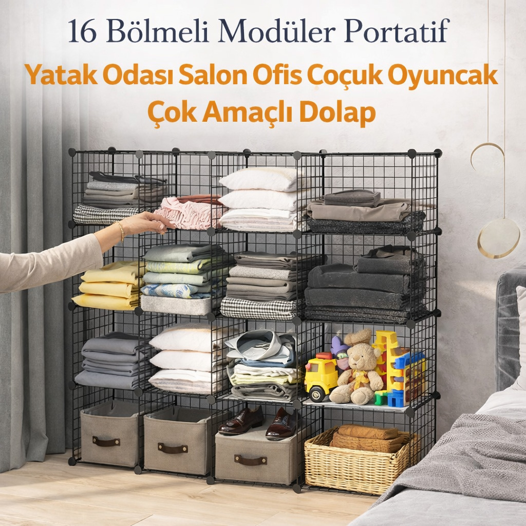 16 Bölmeli Modüler Portatif Yatak Odası Salon Ofis Çocuk Oyuncak Çok Amaçlı Dolap