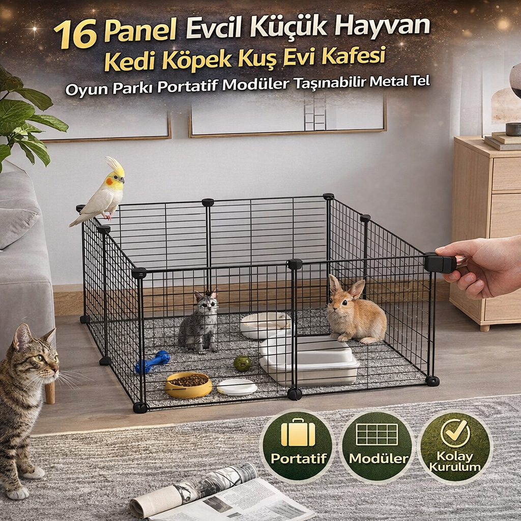 16 Panel Evcil K���k Hayvan Kedi K�pek Ku� Evi Kafesi Oyun Park� Portatif Ta��nabilir Metal Tel