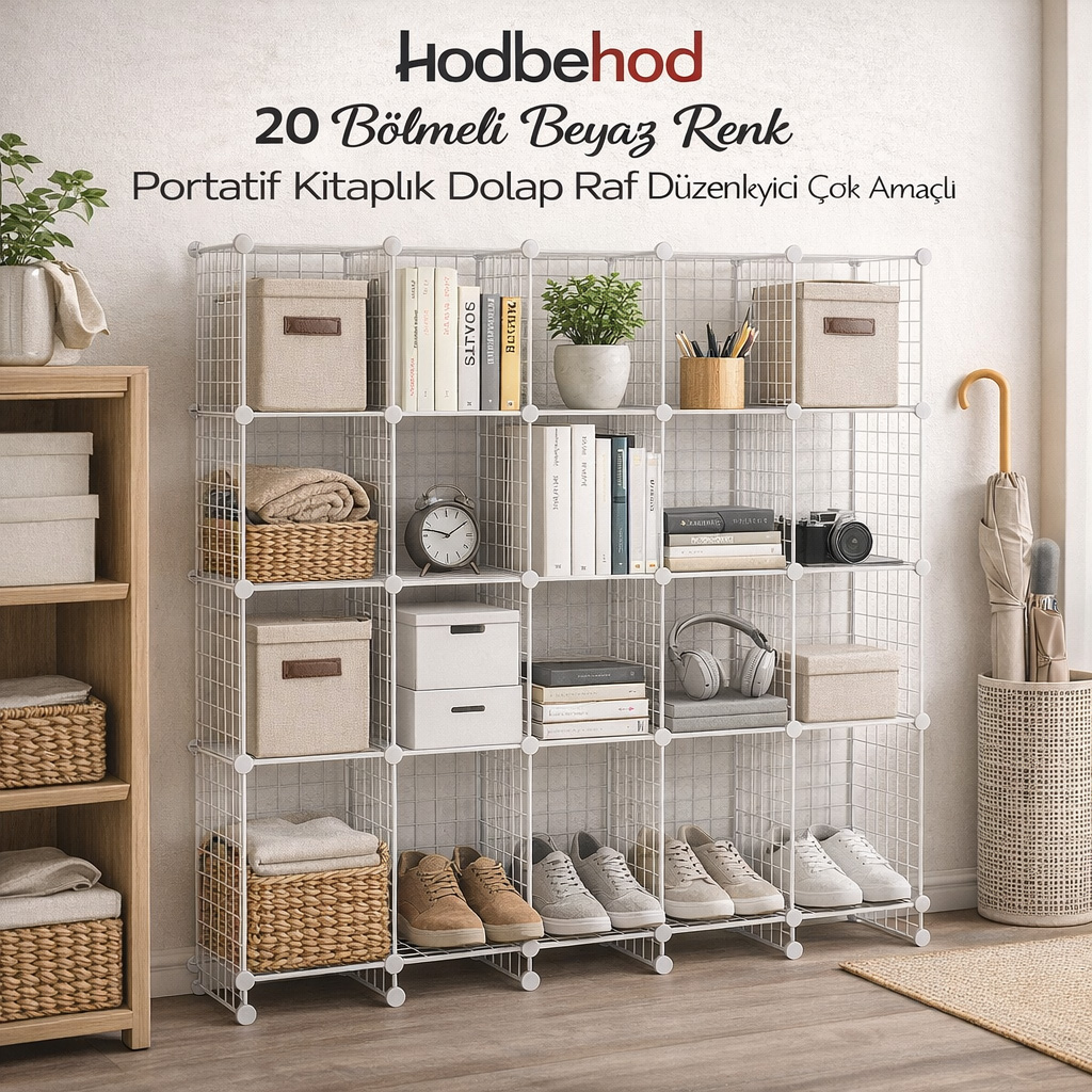Hodbehod 20 Bölmeli Beyaz Renk Portatif Kitaplık Dolap Raf Düzenleyici Çok Amaçlı
