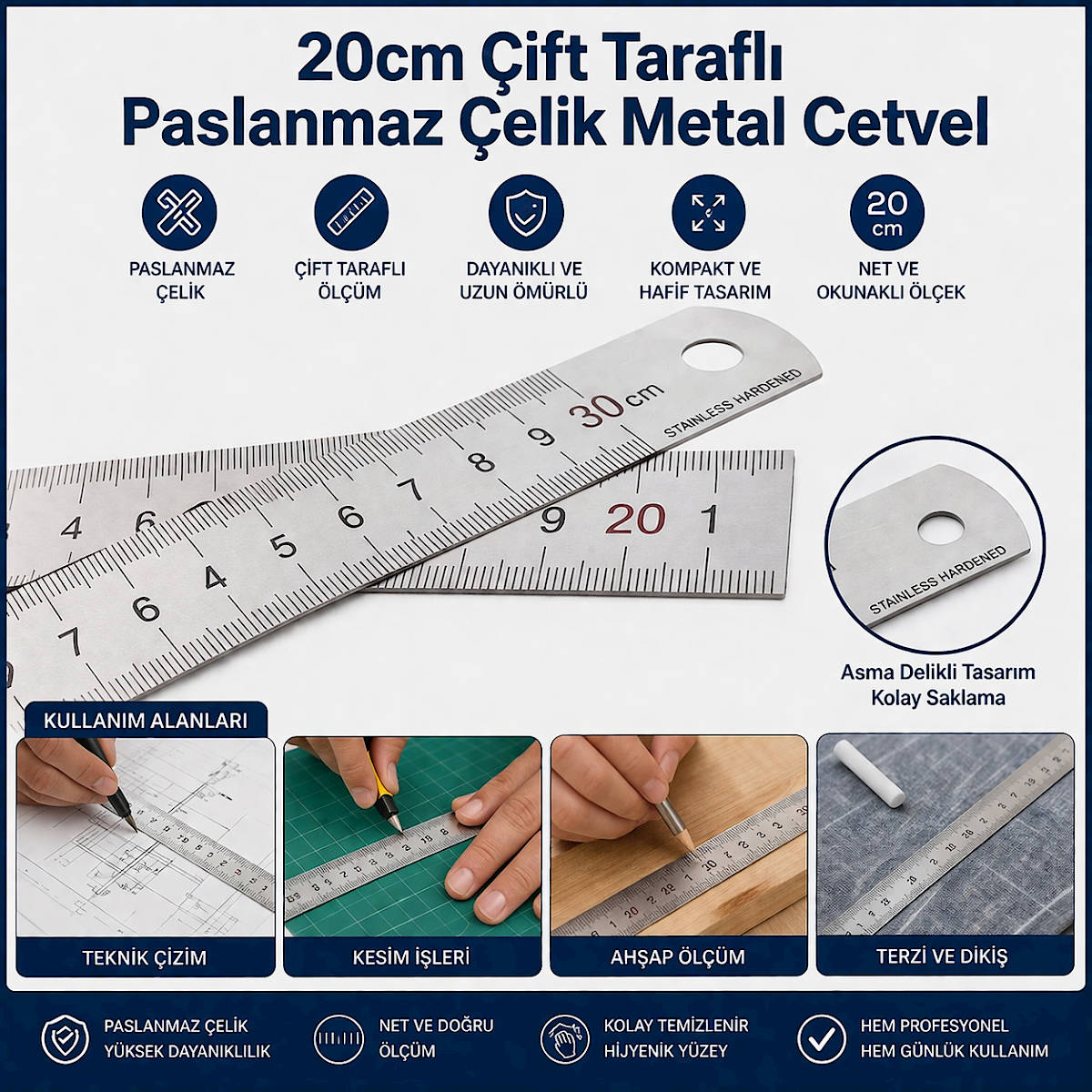 20cm �ift Tarafl� Paslanmaz �elik Metal Cetvel