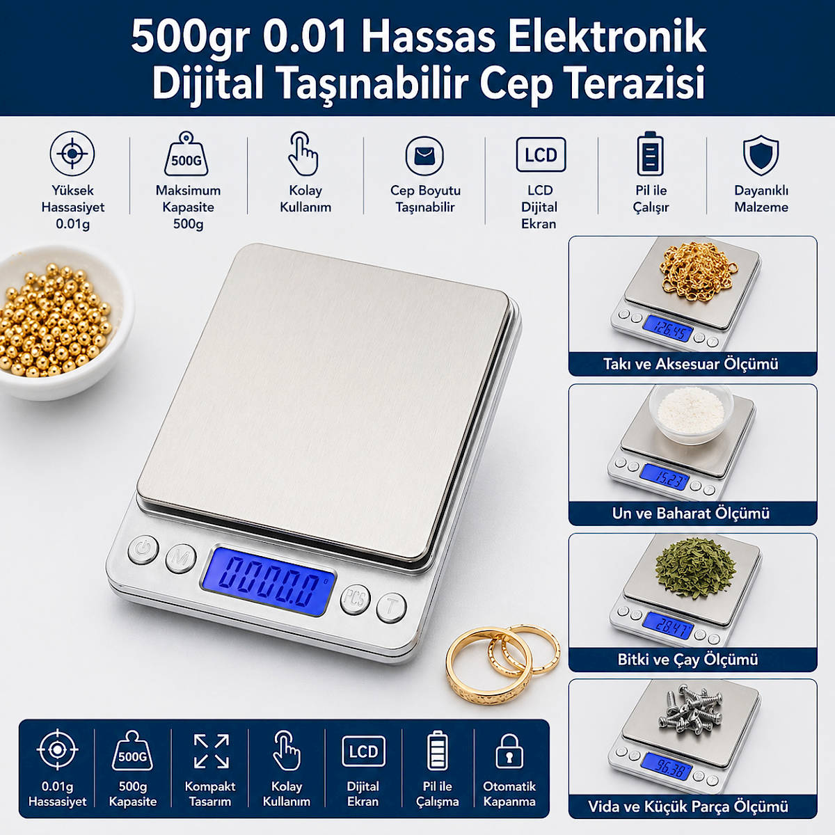 Hodbehod Dijital Hassas Elektronik Cep Terazi Bask�l Tart� Kantar 500 gr 0.01 gr