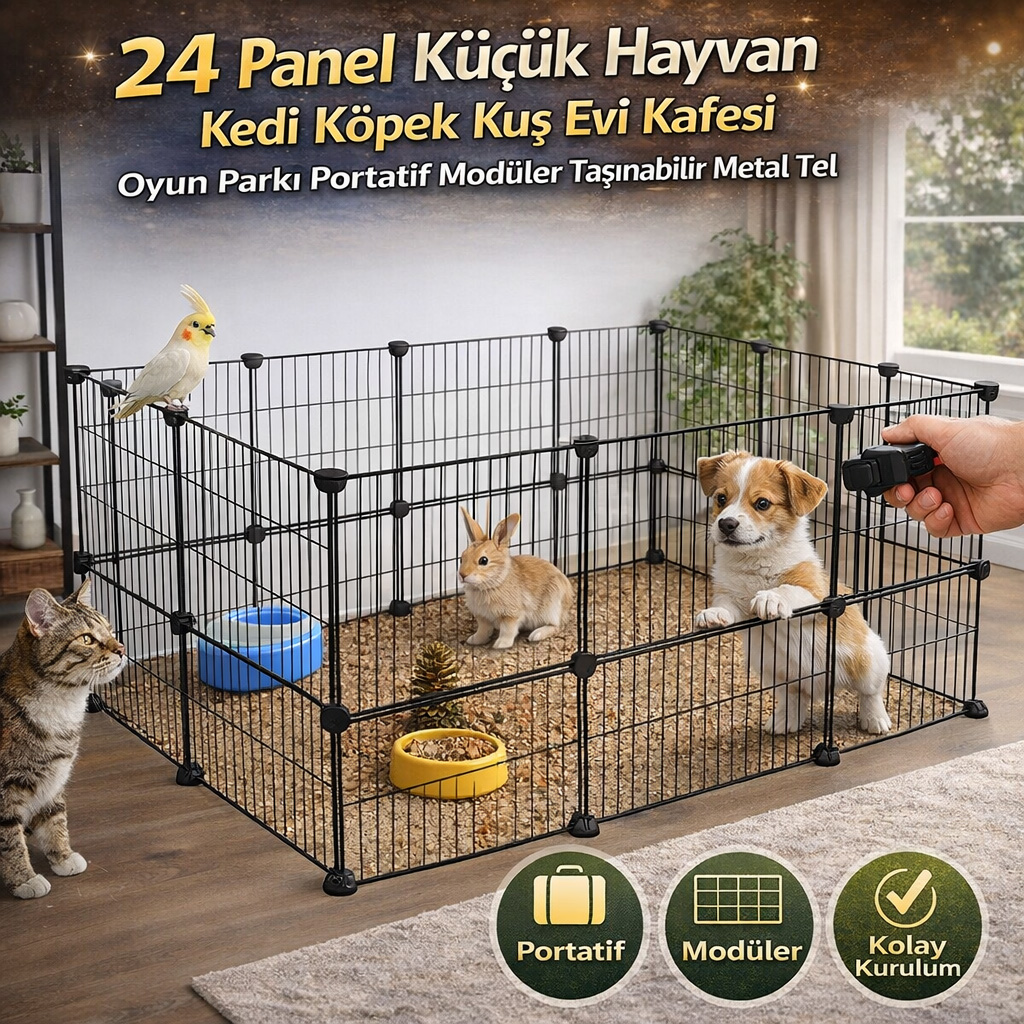 24 Panel Küçük Hayvan Kedi Köpek Kuş Evi Kafesi Oyun Parkı Portatif Modüler Taşınabilir Metal Tel