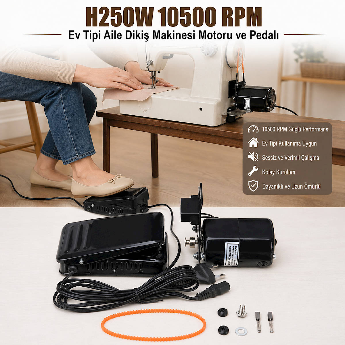 250W 10500 RPM Ev Tipi Aile Diki� Makinesi Motoru ve Pedal�