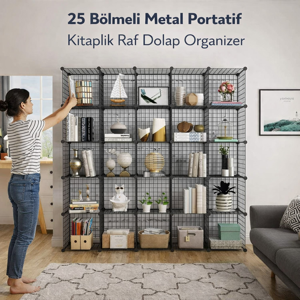 25 B�lmeli Metal Portatif Kitapl�k Raf Dolap Organizer