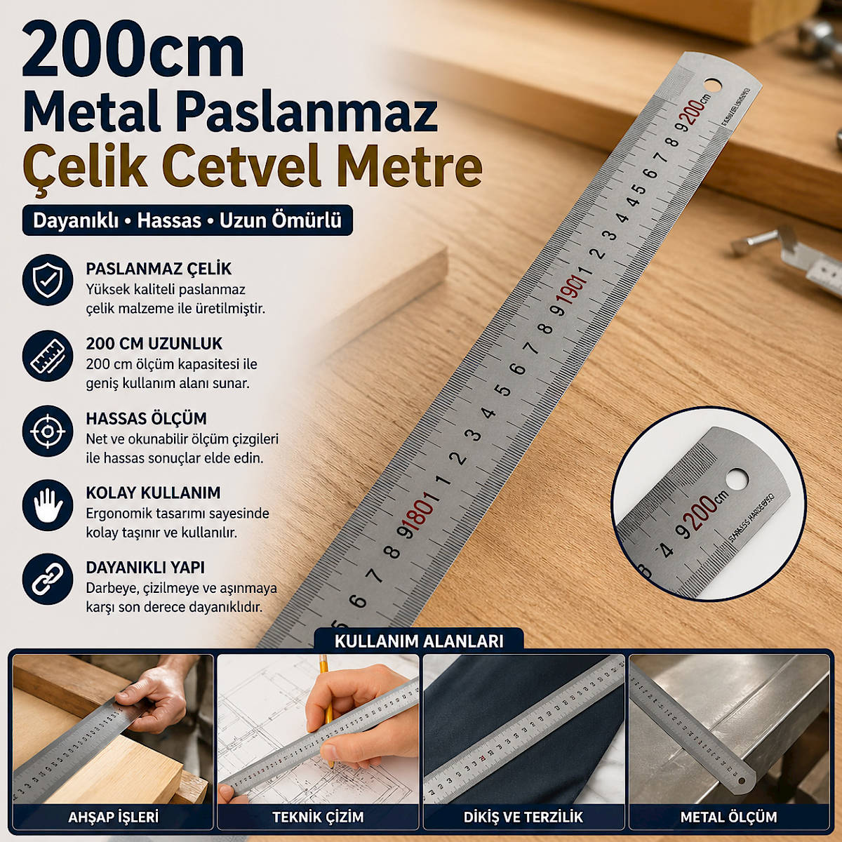200cm Metal Paslanmaz �elik Cetvel Metre