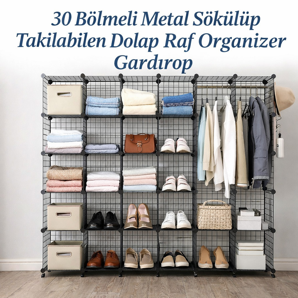30 B�lmeli Metal S�k�l�p Tak�labilen Dolap Raf Organizer