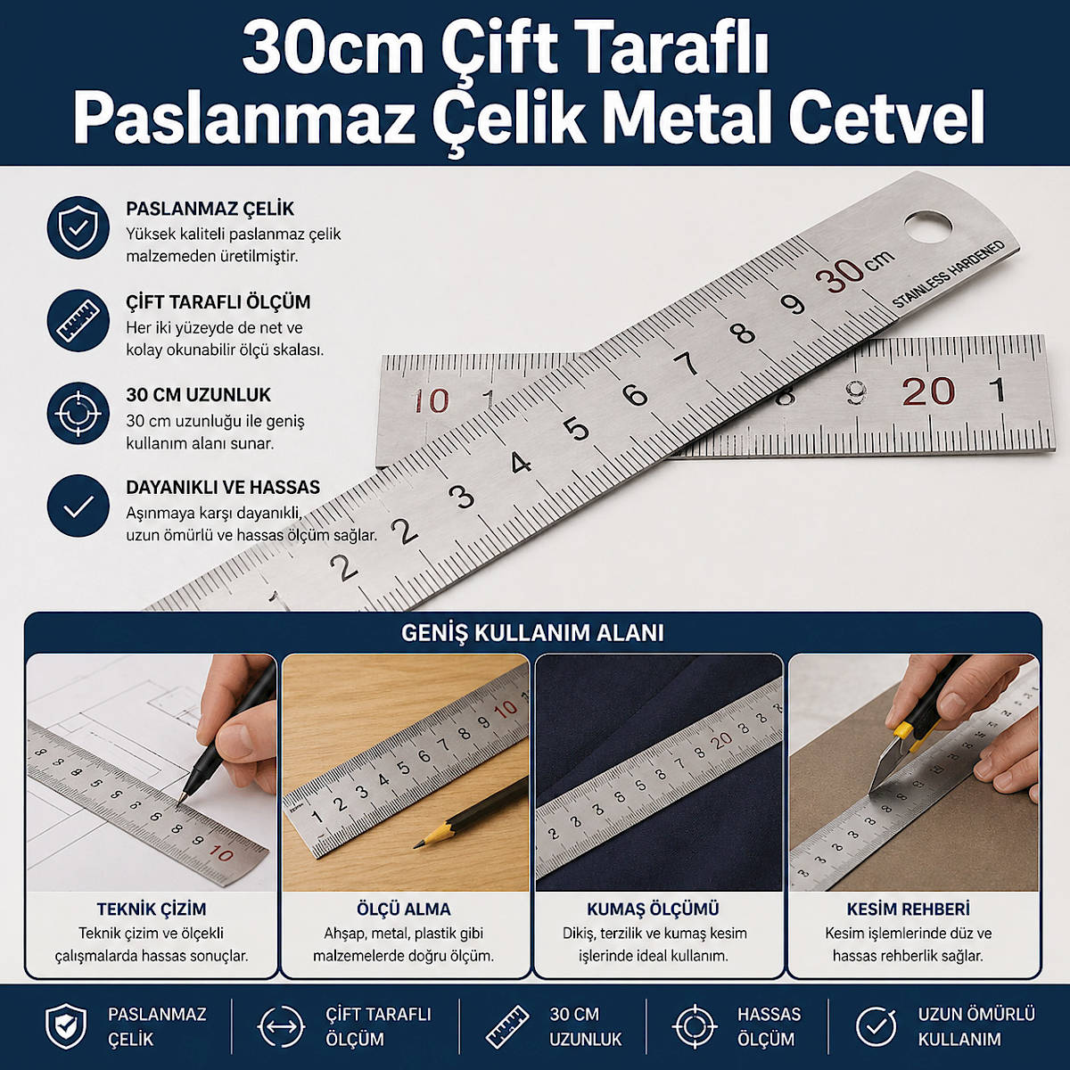 30cm �ift Tarafl� Paslanmaz �elik Metal Cetvel