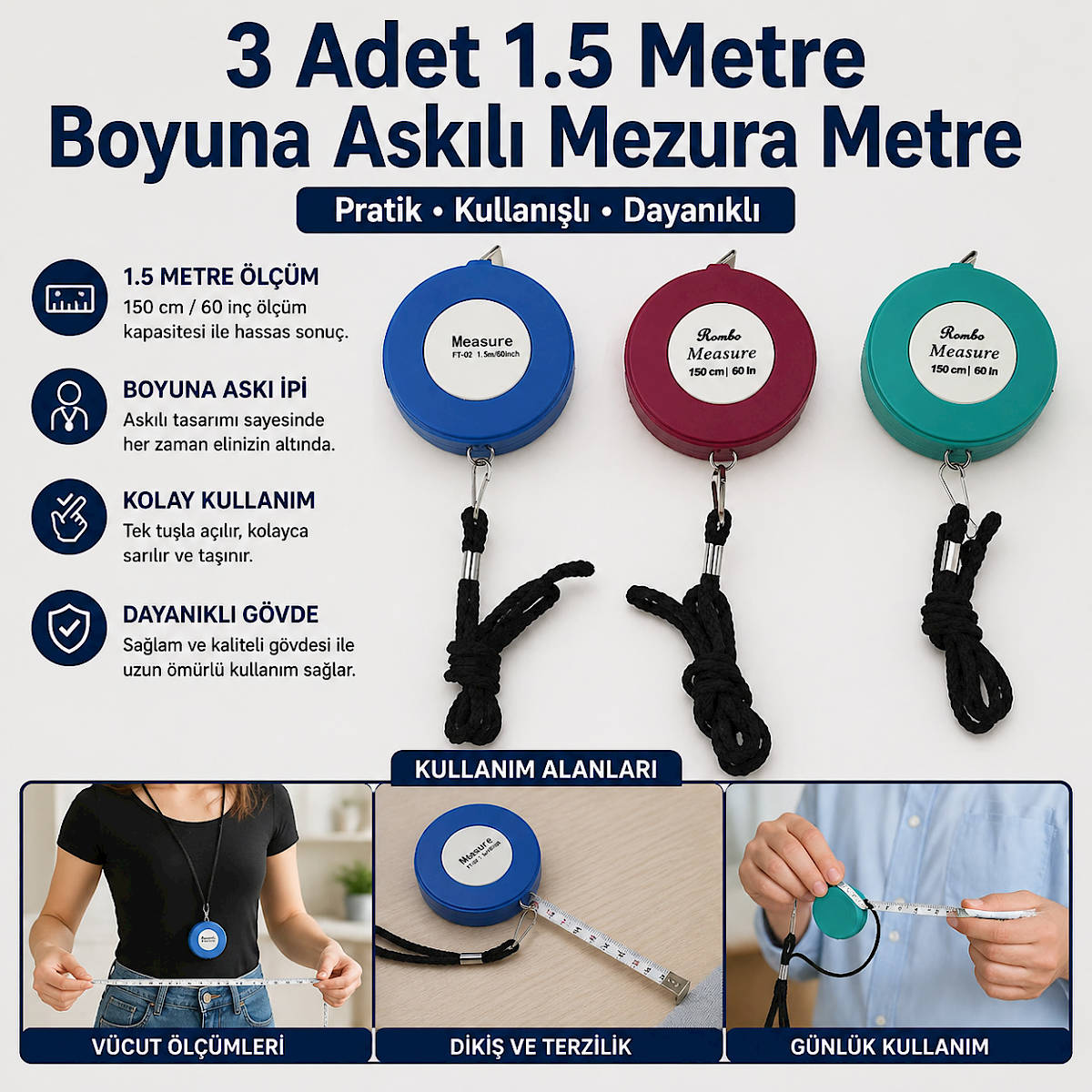 3 Adet 1.5 Metre Boyuna Askılı Mezura Metre