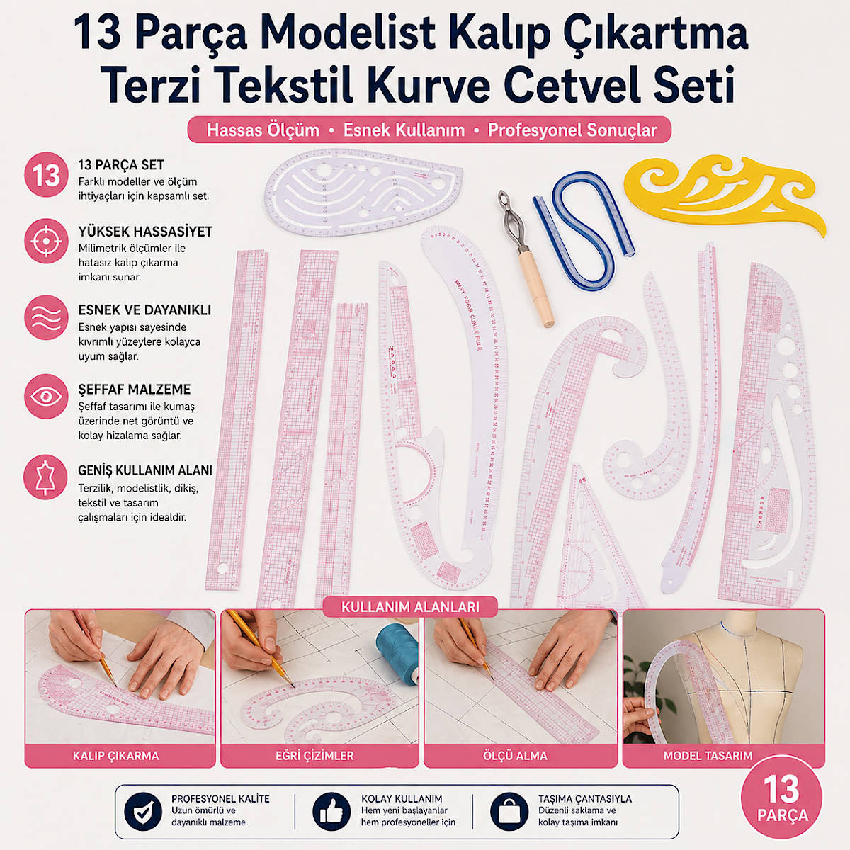 13 Par�a Modelist Kal�p ��kartma Terzi Tekstil Kurve Cetvel Seti