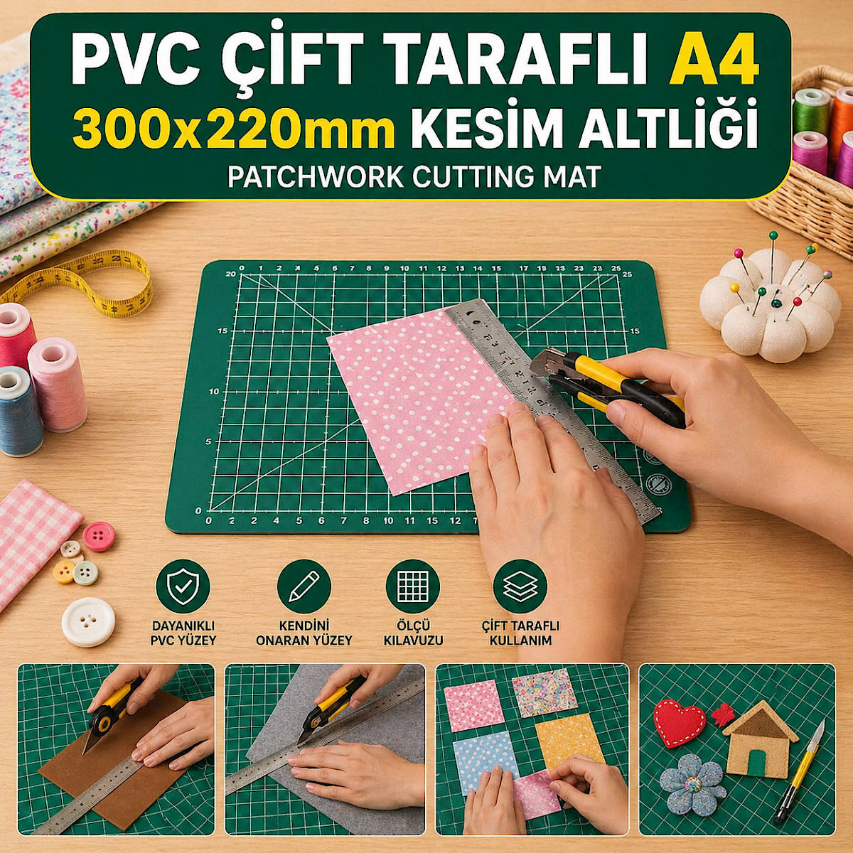 PVC Çift Taraflı A4 300x220mm Kesim Altlığı Patchwork Cutting Mat